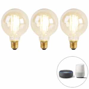 Set mit 3 intelligenten E27 dim to warm LED-Lampen G95 Goldline 7W 806 lm 1800K - 3000K