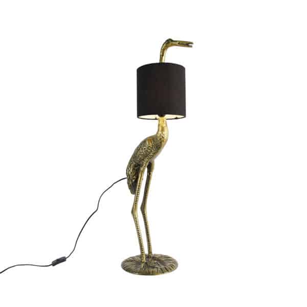 Vintage Stehlampe Messing Stoffschirm schwarz - Kranich Vogel To