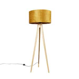 Stehlampe Holz mit Stoffschirm gold 50 cm - Stativ Classic