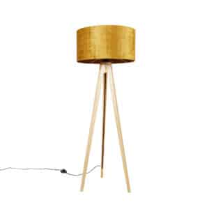 Stehlampe Holz mit Stoffschirm gold 50 cm - Stativ Classic