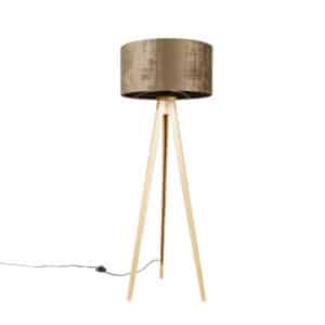 Stehlampe Holz mit Stoffschirm braun 50 cm - Tripod Classic