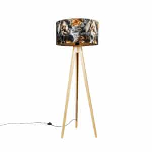 Stehlampe Holz mit Stoffschirm Blumen 50 cm - Tripod Classic