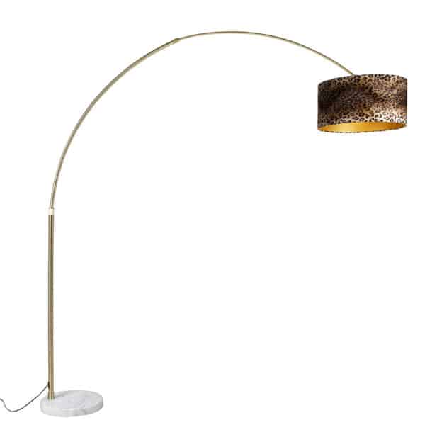 Bogenlampe Messing mit weißem Stoffschirm Leopard 50 cm - XXL