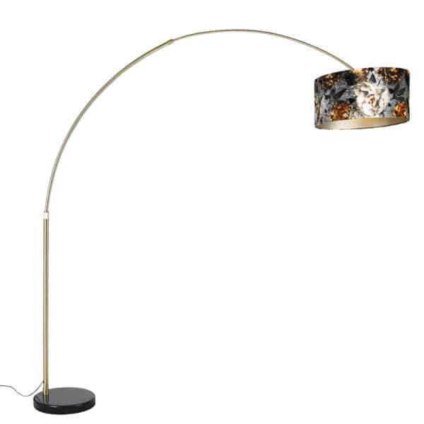 Bogenlampe Messing mit schwarzem Schirm Blumenmuster 50 cm - XXL