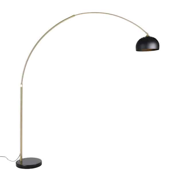 Moderne Bogenlampe Messing mit Marmorsockel und schwarzem Schirm 32