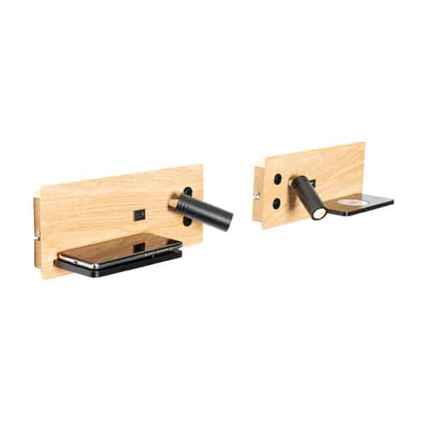 2er Set Wandleuchte Schwarz mit Holz inkl. LED mit USB und Induktionsladegerät - Riza