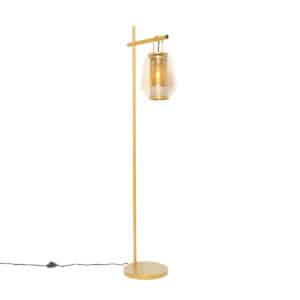 Art Deco Stehlampe Gold mit Bernsteinglas - Kevin