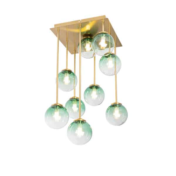 Art-Deco-Deckenlampe Gold mit grünem Glas 9 Lichter - Athen