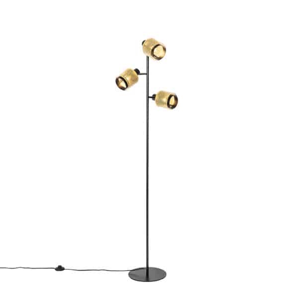 Industrielle Stehlampe schwarz mit goldenen 3 Lichtern - Kayden