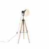 Industrielle Dreibein-Stehlampe schwarz mit Holz - Mangos