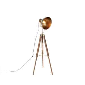 Industrielle Dreibein-Stehlampe Bronze mit Holz - Mangos