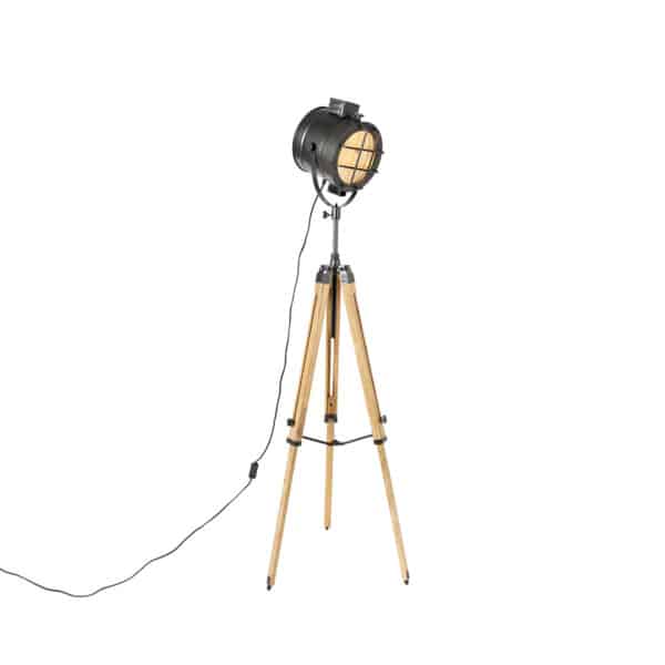 Dreibein-Stehlampe schwarz mit Holz-Studiospot - Glänzend