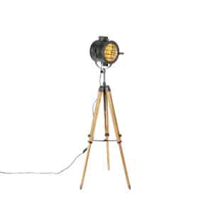 Dreibein-Stehlampe schwarz mit Holz-Studiospot - Radient