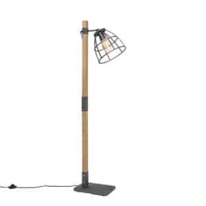 Industrielle Stehlampe schwarz mit Holz - Arthur