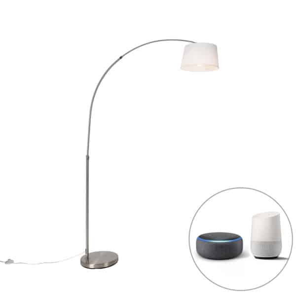 Smarte Bogenlampe Stahl mit weißem Stoffschirm inkl. Wifi A60 - Arc Basic