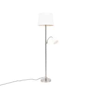 Klassische Stehlampe Stahl mit weißem Schirm und Leselampe - Retro