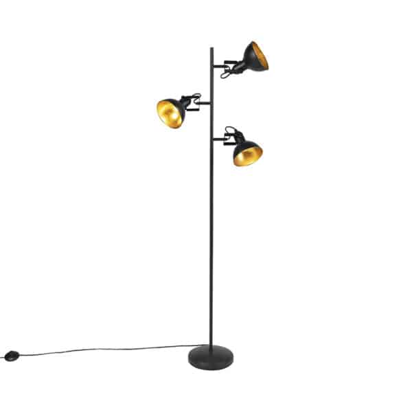 Industrielle Stehlampe schwarz mit goldenen 3 Lichtern - Tommy