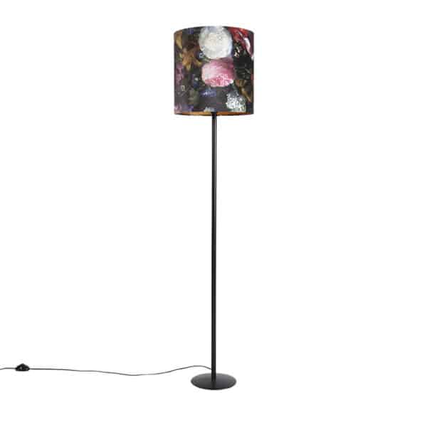 Stehlampe schwarz mit Veloursschirm Blumenmuster 40 cm - Simplo