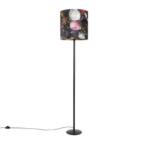 Stehlampe schwarz mit Veloursschirm Blumenmuster 40 cm - Simplo