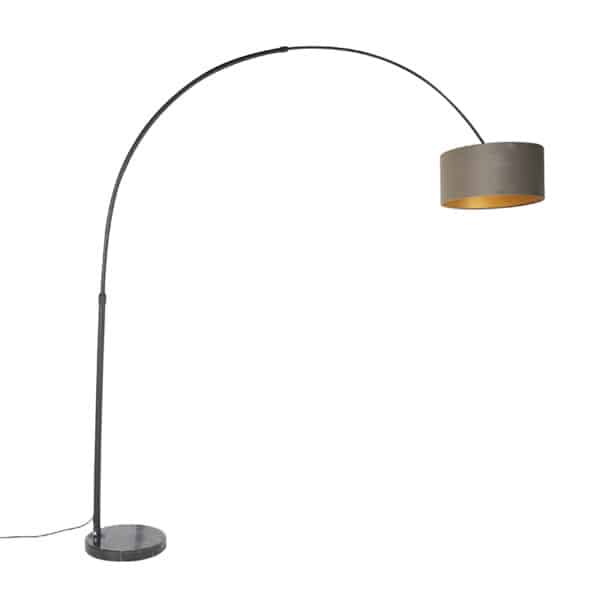 Bogenlampe schwarzer Veloursschirm taupe mit Gold 50 cm - XXL